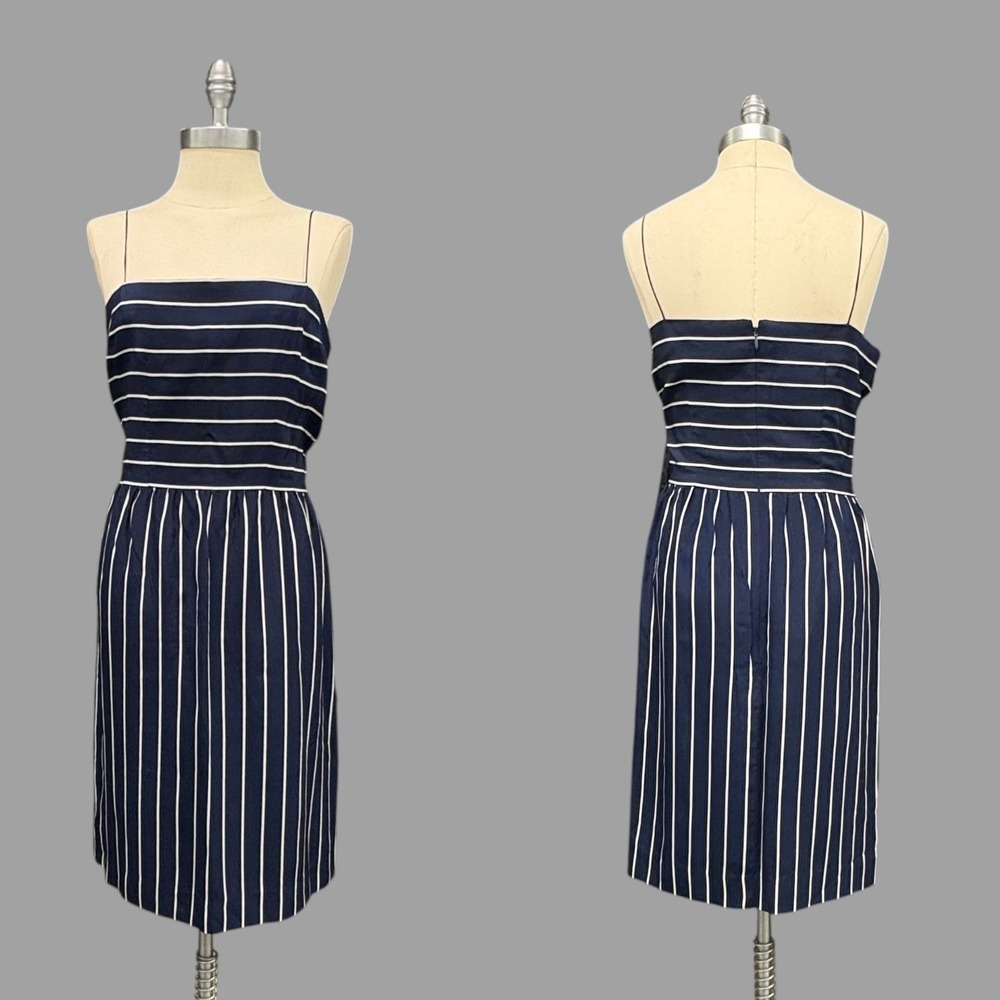 Jeannene Booker Dress Sz 6 Navy White Stripe 100% Silk Spaghetti Strap Midi 90s